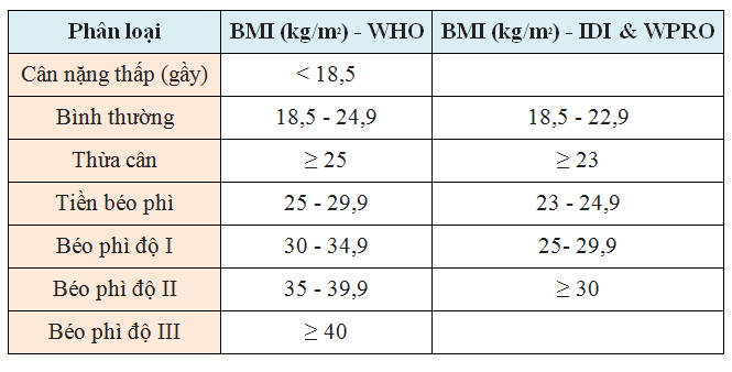 Phân loại mức độ gầy, béo dựa theo chỉ số BMI