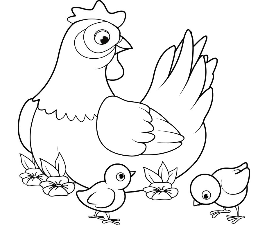 Tranh tô màu con vật nuôi trong gia đình - gà mẹ và các bé gà con